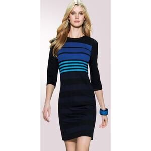 Per Se 3/4 Sleeve Black Navy Blue Striped Sheath Dress Womens 12